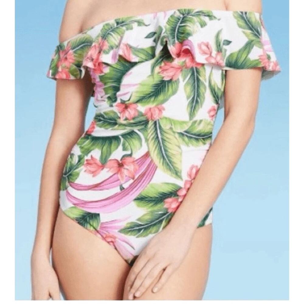 Kona Sol Floral Off-the-Shoulder Ruffle One Piece Swimsuit White Green Small